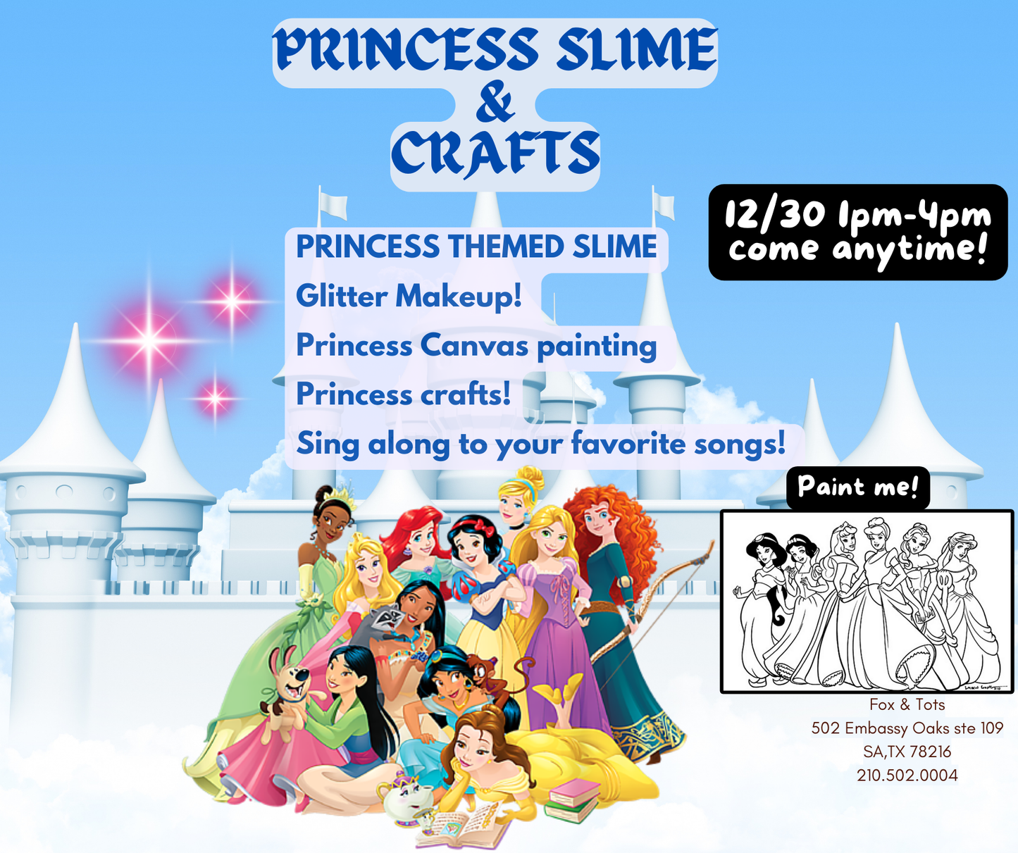 PRINCESS SLIME & CRAFTS - slime & paint! 12/30 1pm-4pm - come anytime