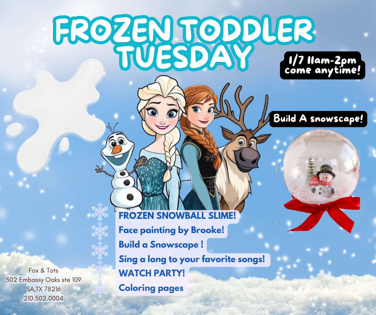 FROZEN TODDLER Tuesday - slime & snowscape!! 1/7 11am-2pm - come anytime