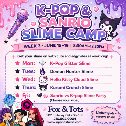 JUNE SUMMER SLIME CAMP WEEK 3 KPOP DEMON HUNTERS & SANRIO JUNE 15-19th 8:30-12:30pm